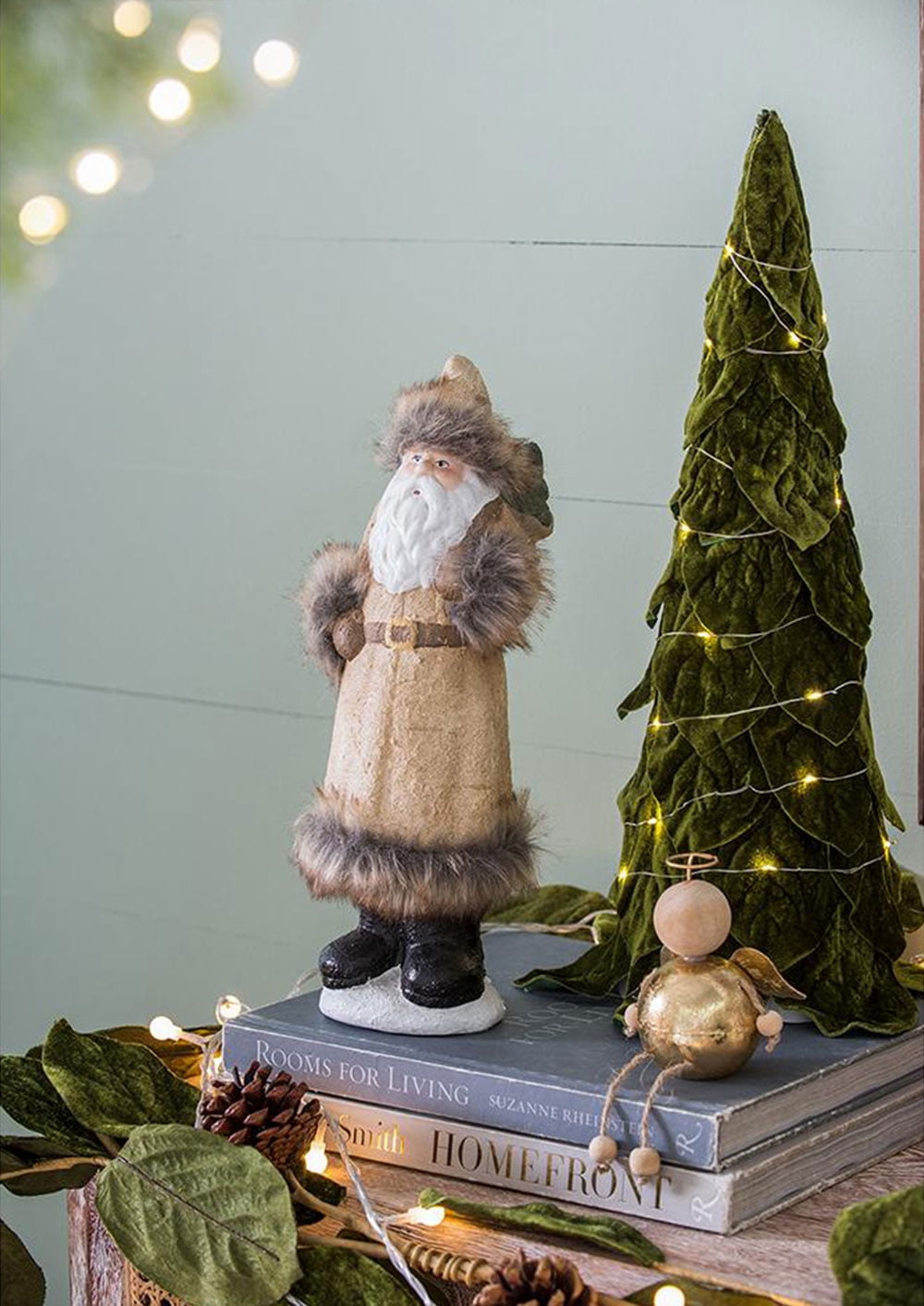 Rustic Terracotta Santa Figurine Christmas Decor Beige Long Coat Santa Statue with Fur Accents Frosted Rock Base Tabletop Mantel Holiday Centerpiece