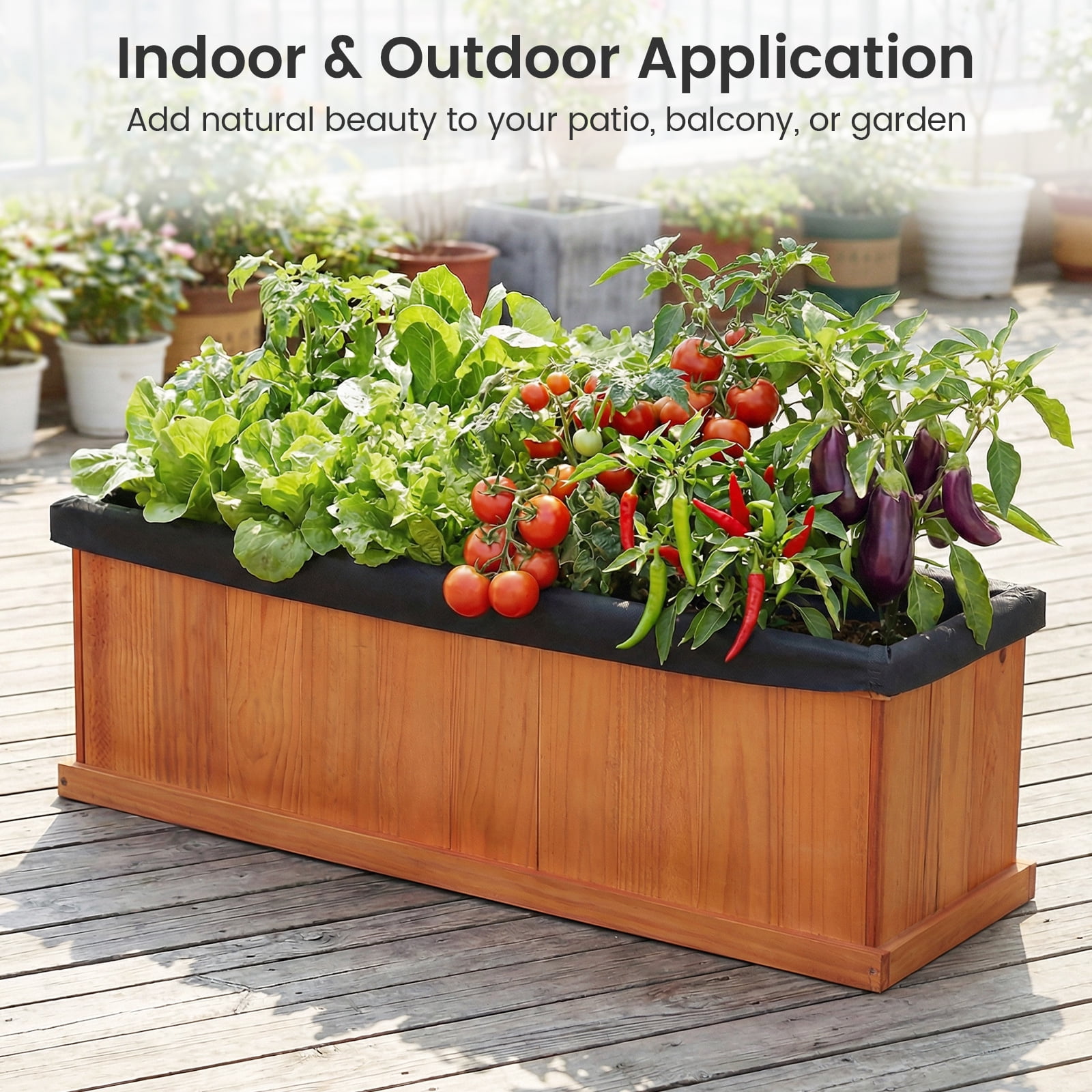 Gymax Wood Raised Garden Bed w/Drainage Holes & Liner for Flowers Vegetables Herbs