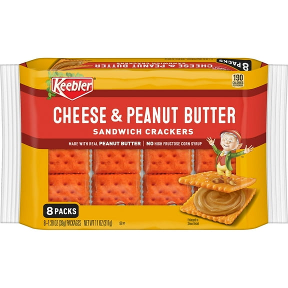 Keebler Cheese and Peanut Butter Sandwich Crackers, Single Serve Snack Crackers, 8 Count