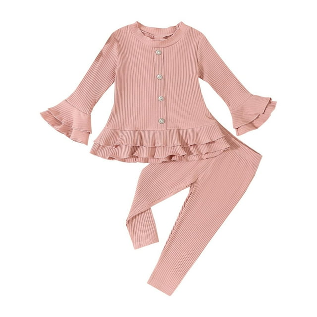 cfhntfmh Infant Baby Girl Fall Clothes Solid Color Ribbed Knit Long Sleeve Ruffle Shirts Pants Newborn Infant Winter Outfits