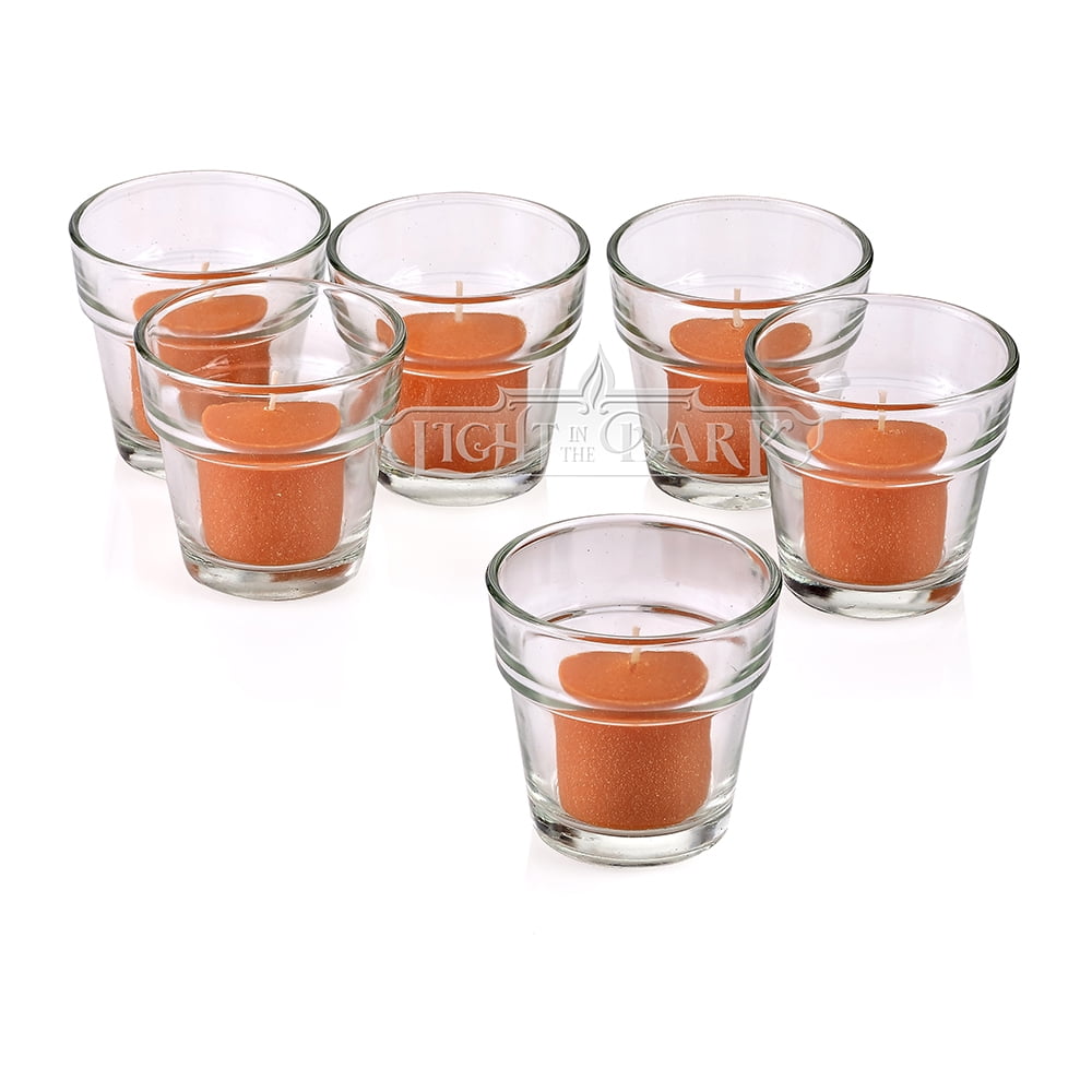 Clear Glass Flower Pot Votive Candle Holders with Orange Votive Candles