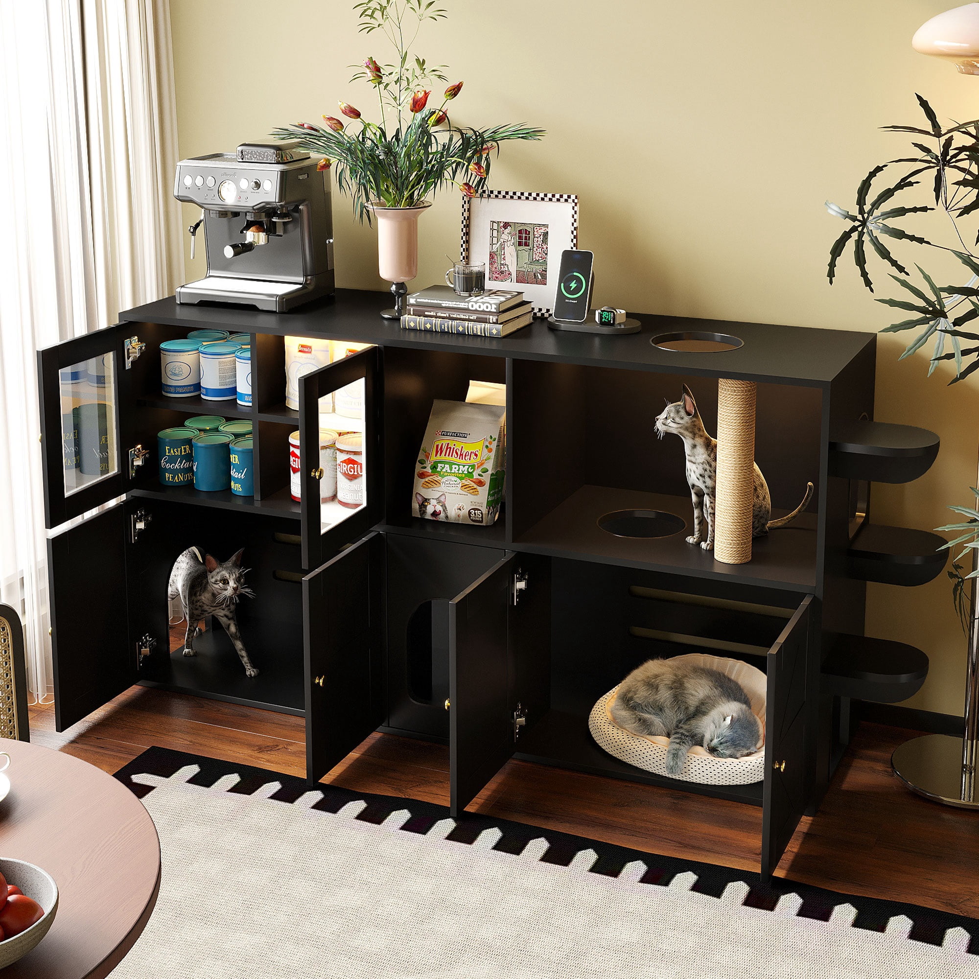 Aukfa 73.2" Cat Litter Box Enclosure TV Stand Furniture with Built-in Scratching Post & LED,Black