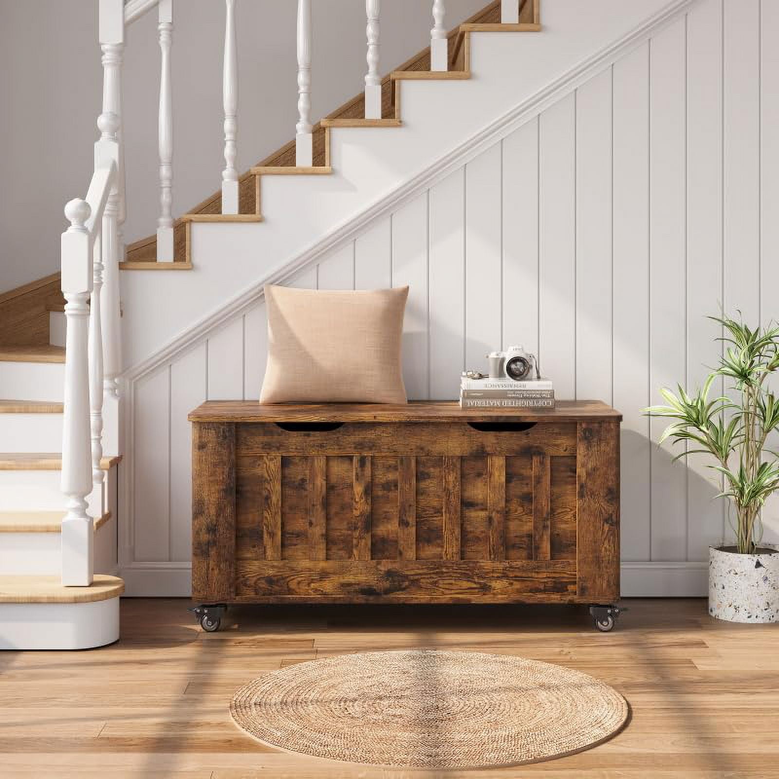YITAHOME 39.4" Wooden Storage Chest Bench With Wheels - Vintage Style Trunk For Living Room, Bedroom, Entryway Organization