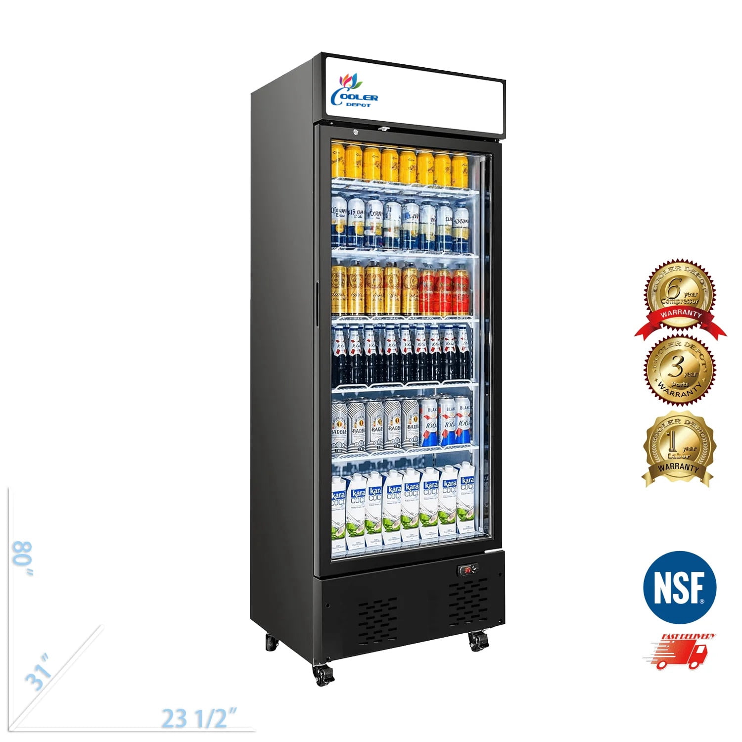Commercial Beverage Refrigerator 24 inch 15.8 Cu.ft. with Glass Door Display Merchandiser Fridge,Stainless Steel, nsf certified