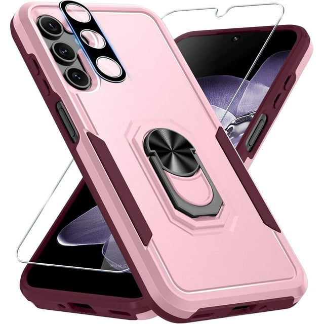 KOMI Compatible with Samsung Galaxy A16 5G Case with Screen Protector+Camera Lens Protector,Heavy Duty Full Body Phone Cover Built in Ring Holder Kickstand, 2025 Cute Pink
