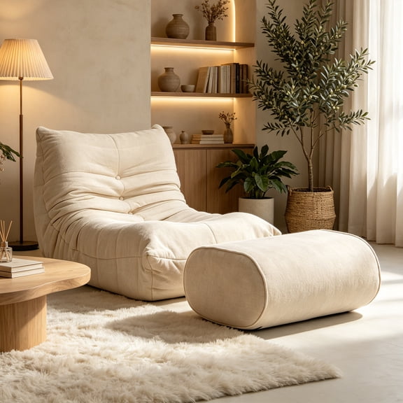 Homefun Lounge Chair with Ottoman,Modern Bean Bag Floor Chair with Non-Slip Base,Soft Chenille Reading Chair,No Assembly Required,Beige