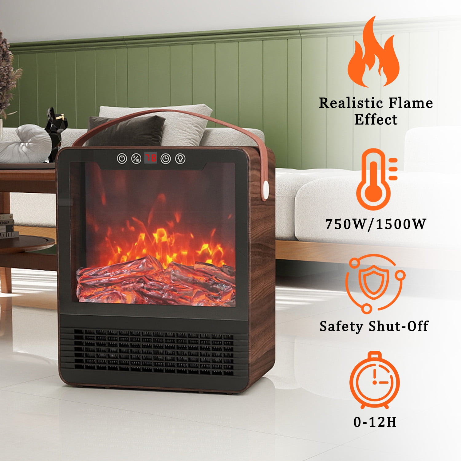 Portable Electric Fireplace Space Heater for Indoor Use, Remote Control, 3 Mode Settings, 24H Timer & Safety Tip-Over Protection