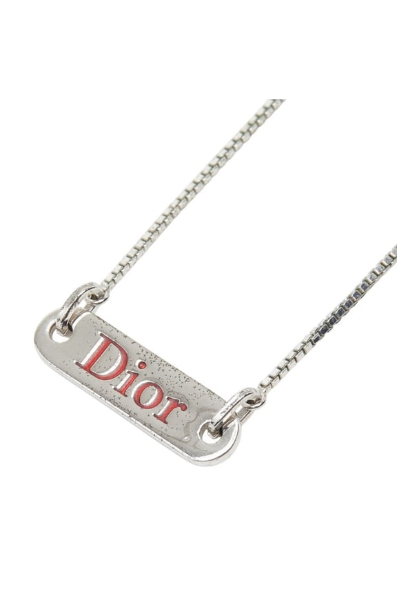 Pre-Owned Christian Dior Dior Logo Plate Chain Pendant Necklace, Silver Metal, Women's