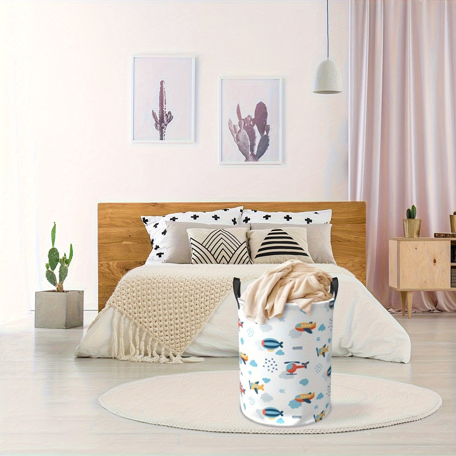 Airplane Hot Air Balloon Printed Storage Basket, Oversized Foldable Laundry Basket, Foldable and Handleable Round Laundry Basket, for Bedroom/bathroom Toys, Laundry Basket