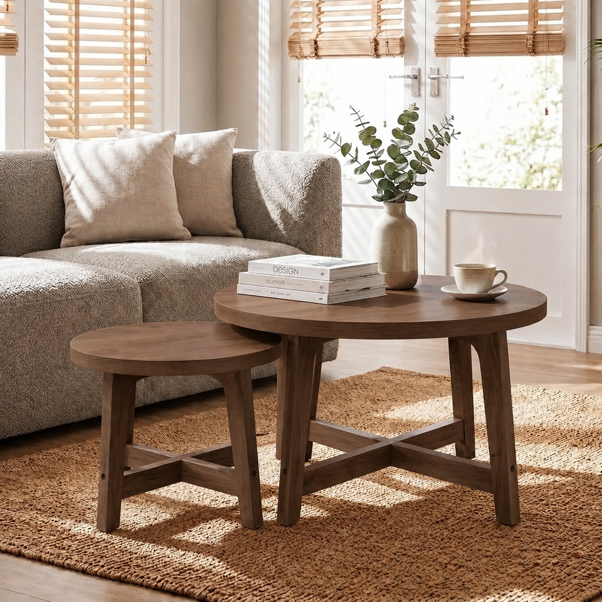 Nesting Coffee Tables Set of 2 Round with Walnut Tone Finish and X-Shaped Frame, Stackable Side Tables and End Tables for Living Room Bedroom, Walnut