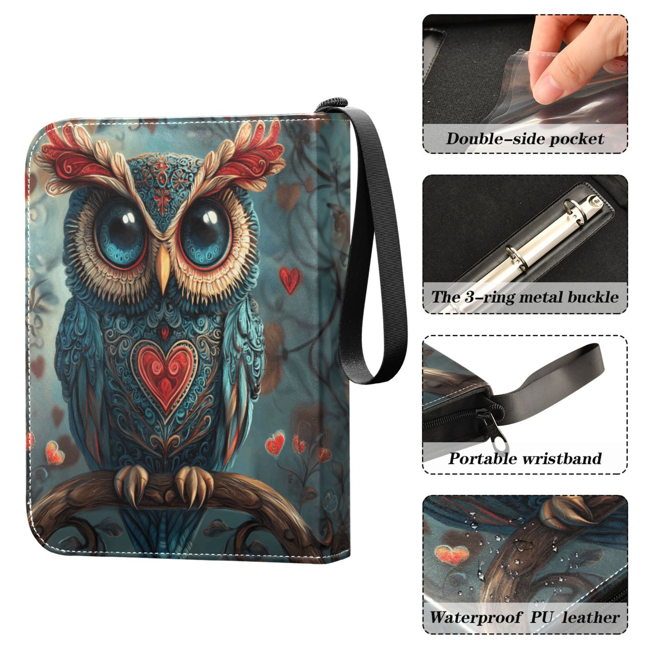 Trading Card Binder Album 400 Pockets 50 Removable 4-Pocket Pages Waterproof Valentines Owl on Tree Branch
