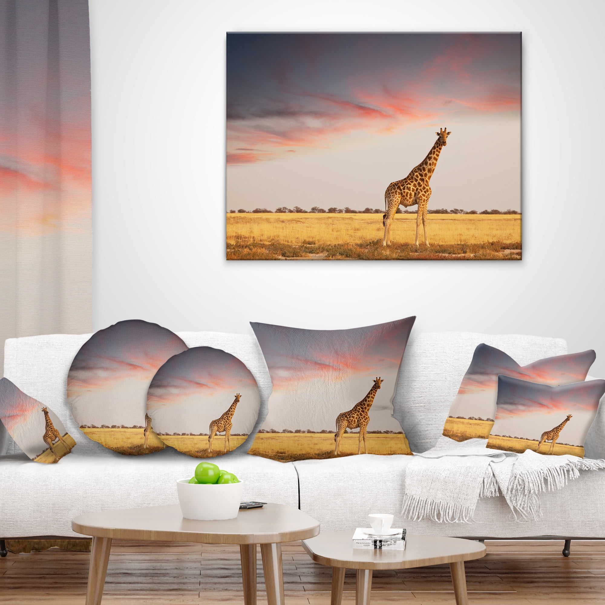 Designart Single Giraffe in Savannah - African Throw Pillow - 18x18