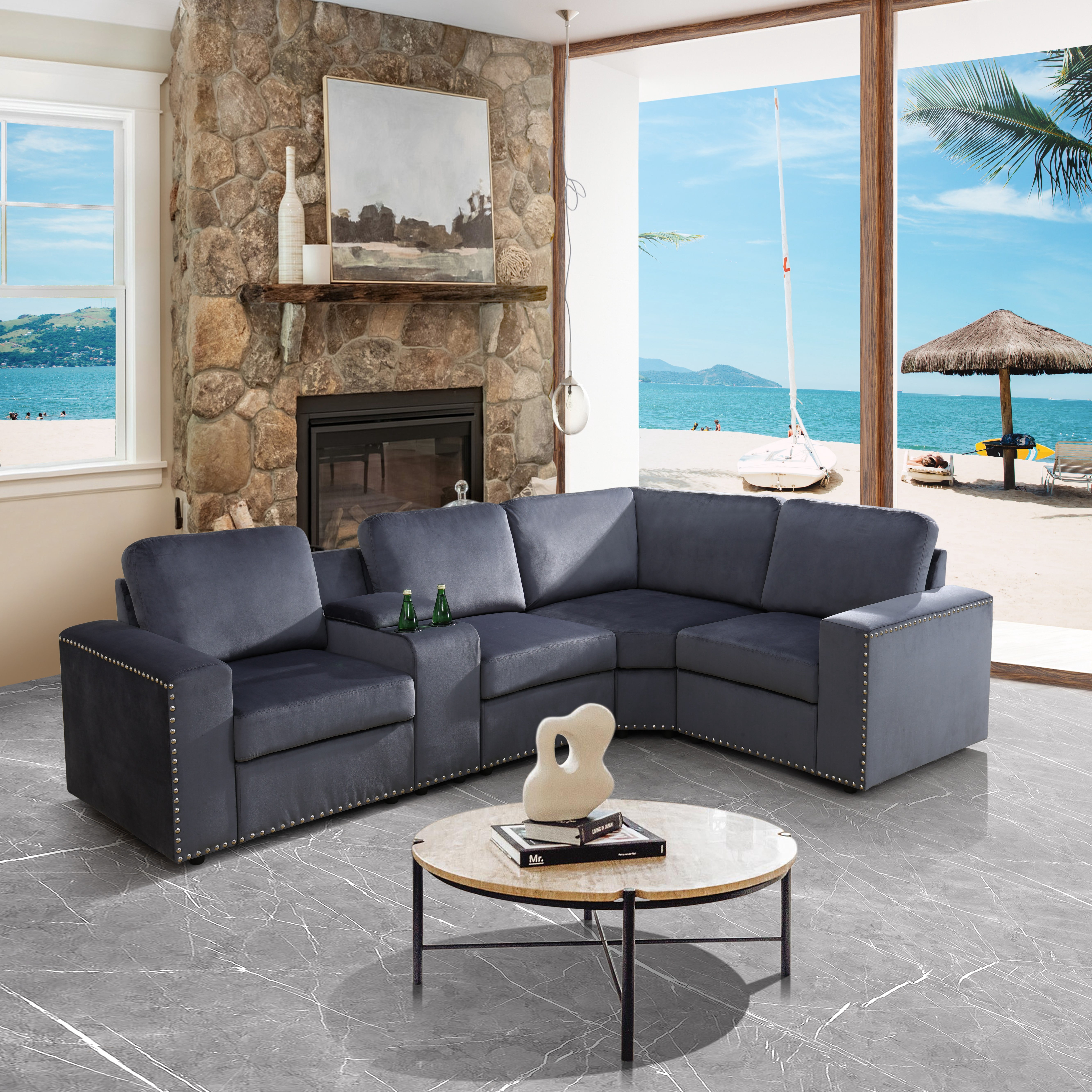 Gewnee 4-Seater Dark Grey Modular Sofa with Microfiber Fabric, Solid Wood Frame, Double Springs, Storage and Cup Holder for Living Room
