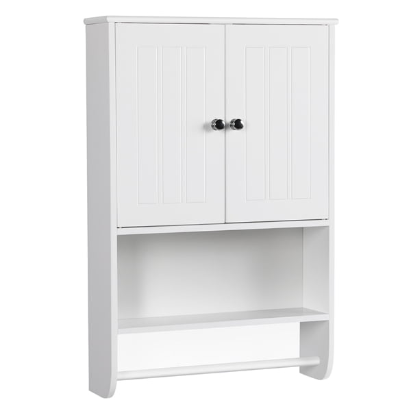 Smilemart Wood Wall Cabinet With Towel Bar Open Shelf Double Doors And Adjustable White Com - White Wall Mounted Bathroom Cabinet With Towel Bar