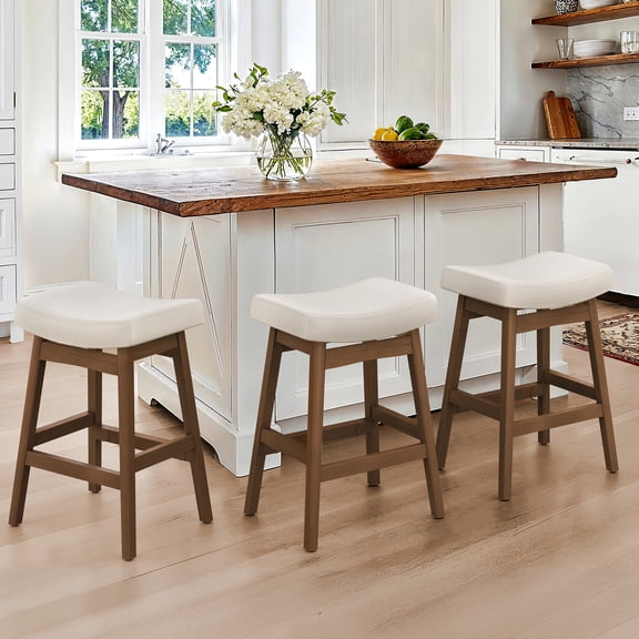 Dycanpo Saddle Seat Counter Height Bar Stools Set of 3 for Kitchen, Dining, 24in, Antique White-Faux Leather