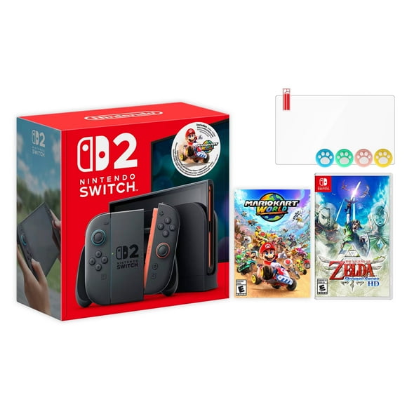 Nintendo Switch 2 Mario Kart World Bundle 256GB 7.9-Inch 1080P Screen, Joy-Con 2 with Mouse Sensor, Dock, with The Legend of Zelda: Skyward Sword HD And Mytrix Joystick Caps & Screen Protector