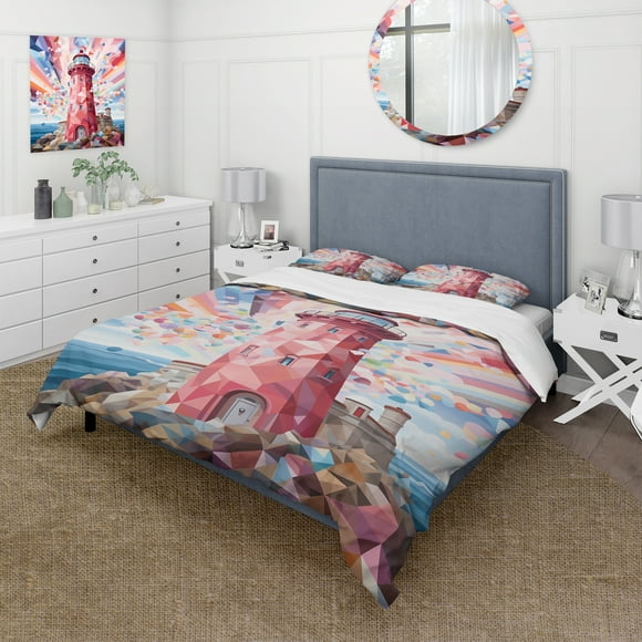 Designart "Twilight at the Colorful Lighthouse" Coastal Sunset Bedding Covert Set - Landscapes Purple Coastal Bed Set With 2 Shams