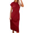 thumbnail image 1 of Pompotops Femme O-Cou Mi-Caif Manches Courtes Slim-Fit Poche Fendue Robe à Bas de Manches, 1 of 9