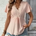 thumbnail image 2 of Womens Summer Short Sleeve Tops Lace Crochet V Neck Eyelet Tunic Slim Fit Blouses Casual Summer Peplum Shirts 2025 Vintage Comfy Going Out Tees, Pink XL, 2 of 7