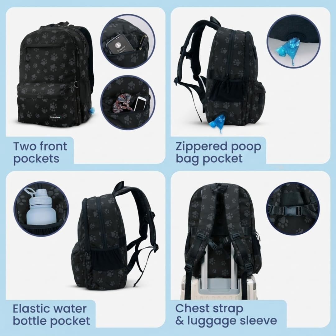 Dog Travel Bag for Supplies - Backpack with 2 Collapsible Dog Bowls, Food Bag, Treat Pouch: Black Paw Print