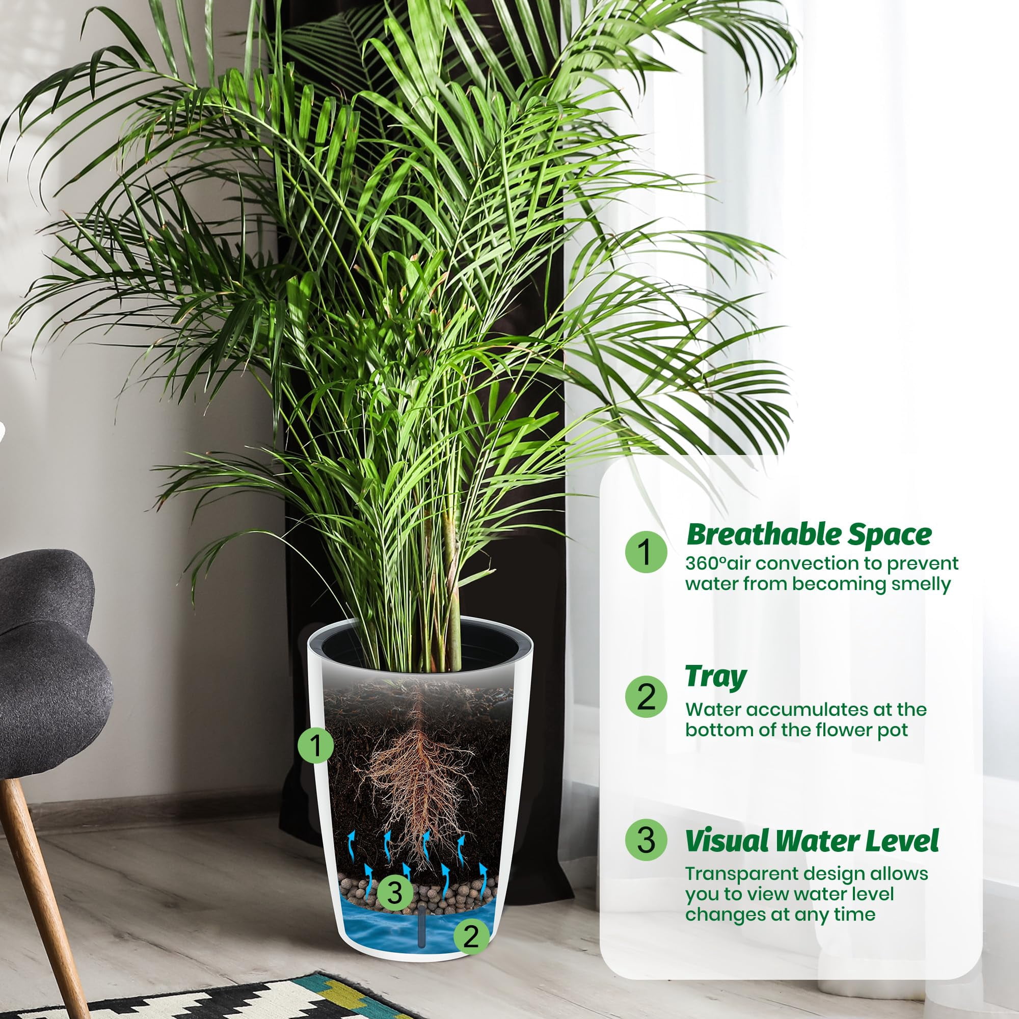 Large Planters with Built-In Drainage System and Water Level Monitor, Planter Set of 2, Self-Watering Flower Pots for Indoor and Outdoor Use, Perfect for Porch, Patio, Backyard