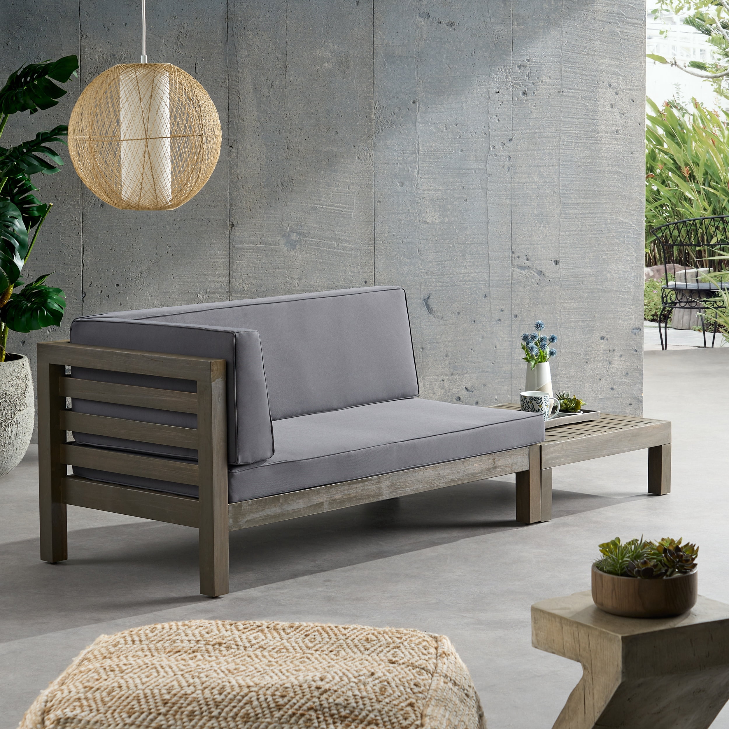 Kaena Acacia Wood Outdoor Left Arm Loveseat and Coffee Table Set with Cushion, Gray and Dark Gray