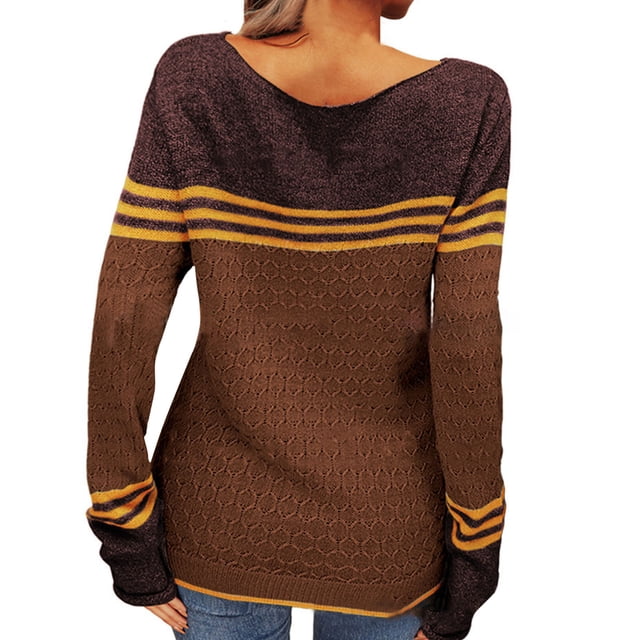 Gibobby Sueter Para Mujer Invierno Punto Suéter de punto de manga larga para mujer, Top de ganchillo Floral elegante con cuello redondo(Café,G)