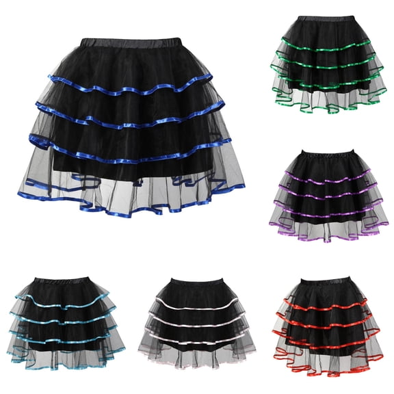 Jane Wardrobe Elastic Waist Multi-Layer Ruffle Tulle Tutu Mini Skirt Women Color Cosplay Party Halloween Short Skirt 1PC S-6XL Plus Size Friendly