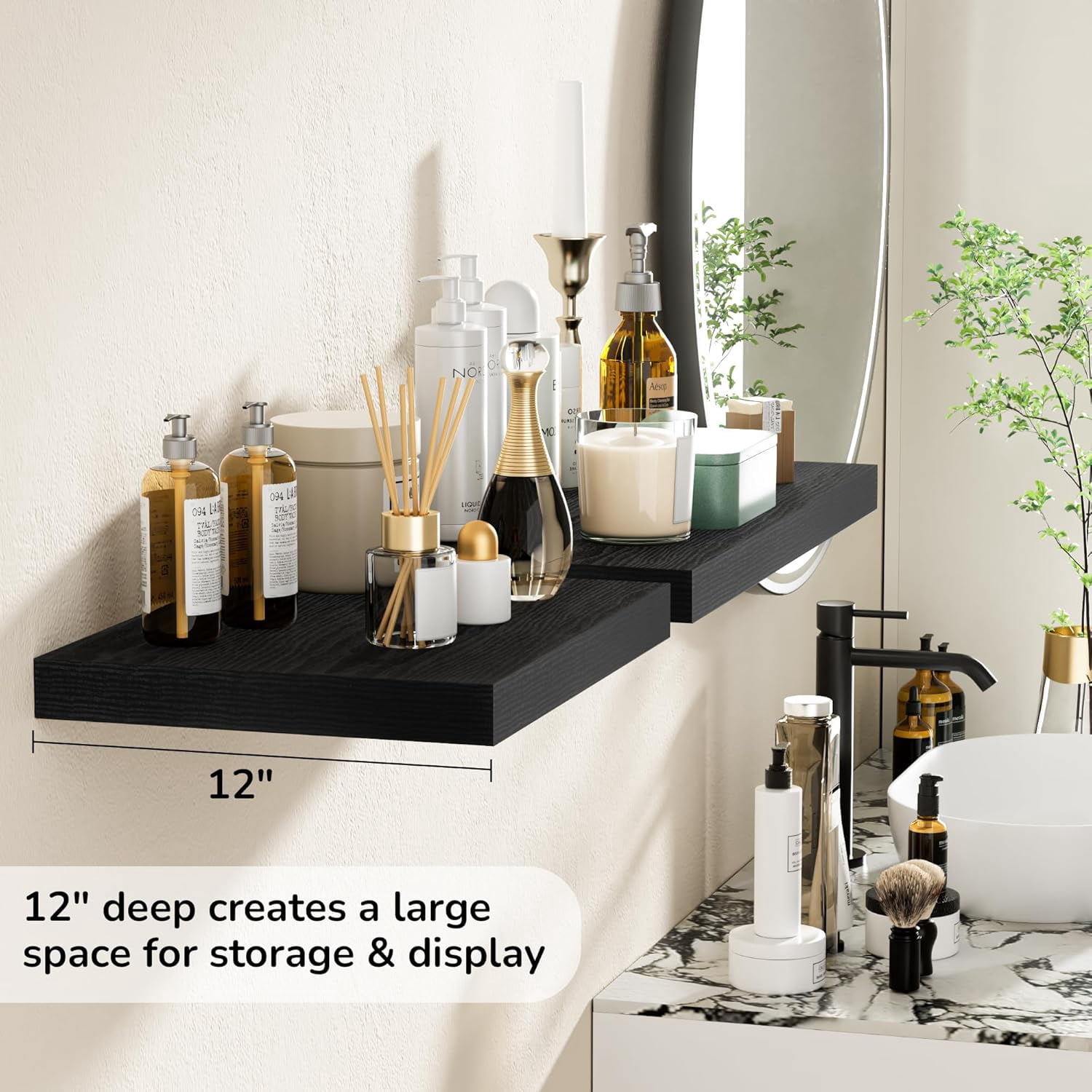 Floating Shelves - 2 Pack 12 Inch Deep Rustic Wooden Wall Shelves - Extra Deeper & Thicker Wall Mounted Storage Shelf for Kitchen, Farmhouse - 16" W x 12" D x 1.5" H - Rustic Black