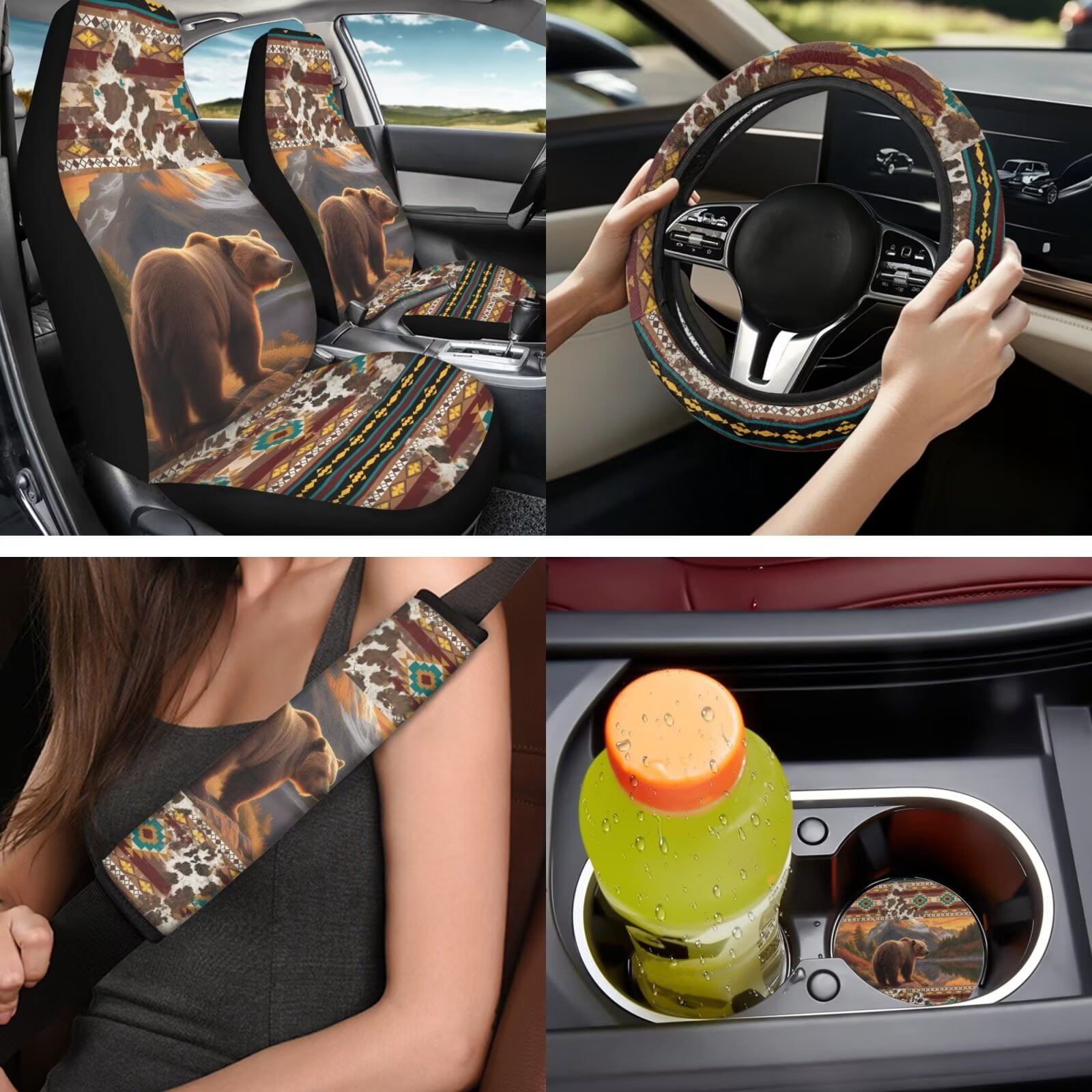 Binienty Aztec Brown Bear Automotive Seat Covers with 15 Inch Steering Wheel Cover Elastic Center Console Cushion Anti-Slip Seat Belt Pads 14 Piece Car Interior Decor Set