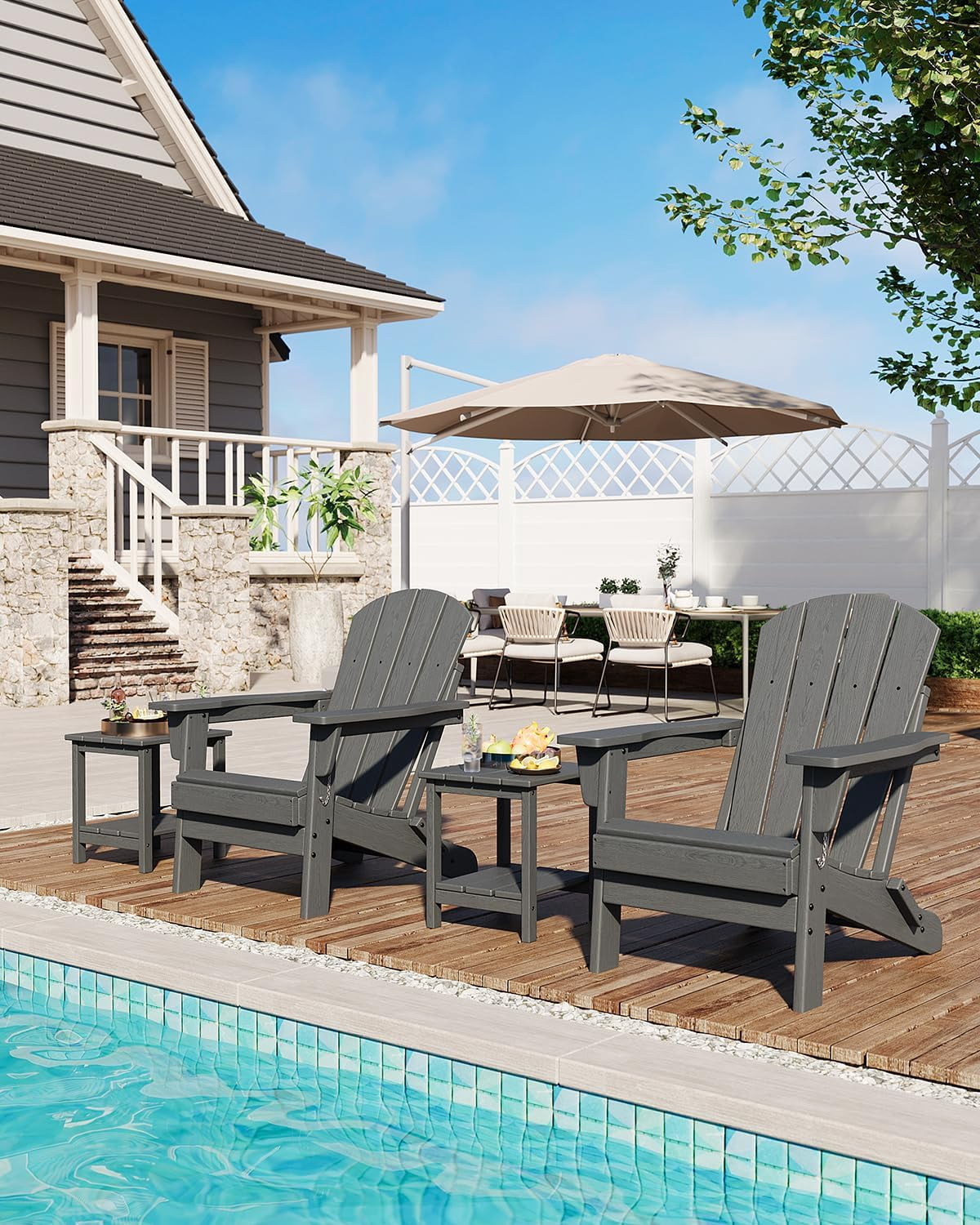 Folding Adirondack Chairs Set of 2, HDPE Plastic Outdoor Chairs with Wood Texture 380 LBS & Weather Resistant for Fire Pit, Deck, Patio, Pool, Backyard Gray