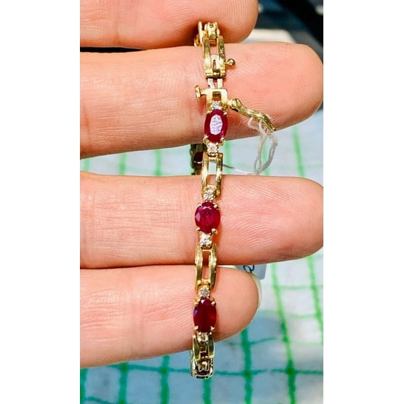 Bluebelljewels 14K Yellow Gold Finish Silver Lab Created Ruby Oval Cut Women's Tennis Bracelet