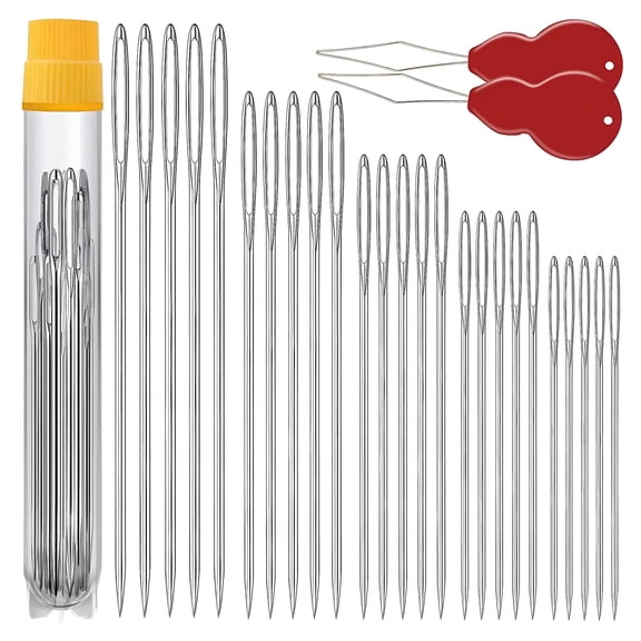25 PCS Hand Sewing Needles, Large Eye Embroidery Needles Metal Sewing Needle with 2 Threaders, Easy to Thread
