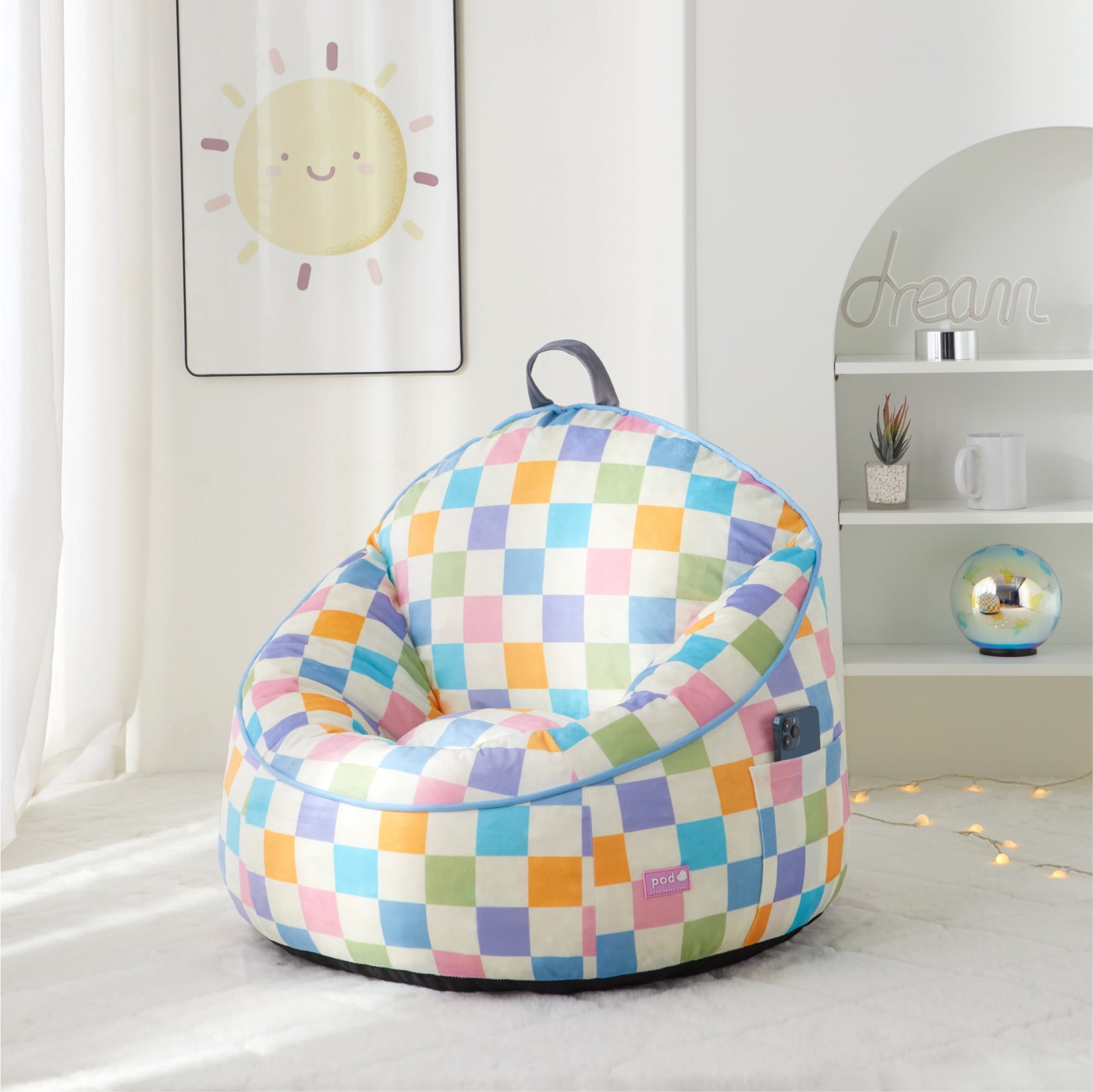 Room Revival Compressed Foam Bean Bag Chair for Kids, Rainbow Checkerboard