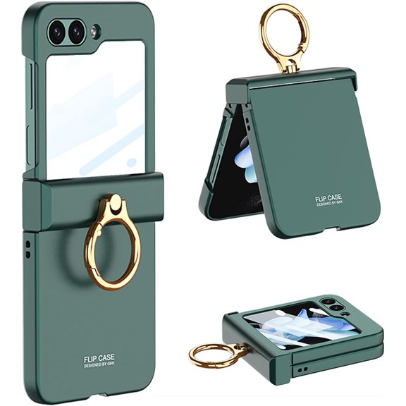 Skin Slim Cover for Samsung Galaxy Z Flip 5 5G Case with Ring Back Screen Hinge Protection Kickstand Flip5 PC Hard Phone Case (Green,Z Flip 5)