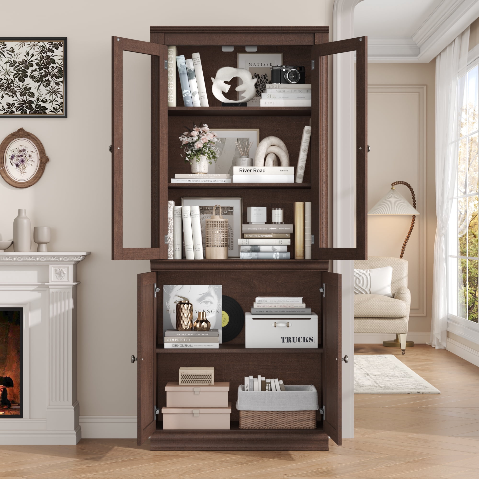 Homfa 71"H Bookcase with Glass Doors, 5 Tier Storage Bookshelf with Adjustable Shelf for Study Home Office,Reddish-Brown