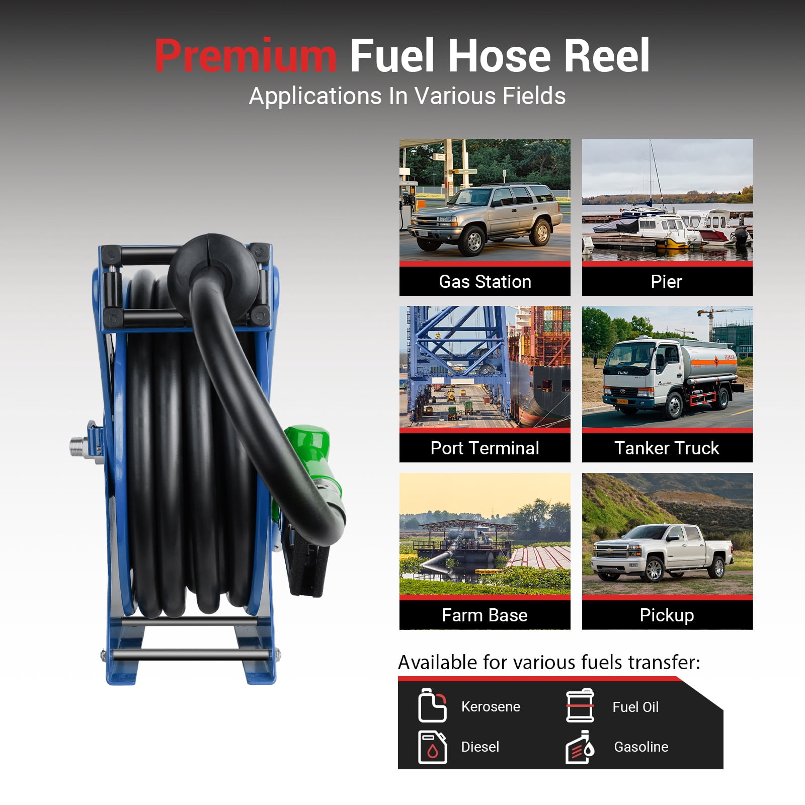 Fuel Hose Reel 3/4" x 50' Retractable with Fueling Nozzle Diesel Hose Reel 300 PSI Industrial Auto Swivel Heavy Duty Steel Construction for Farm Ship Vehicle Tank, Blue