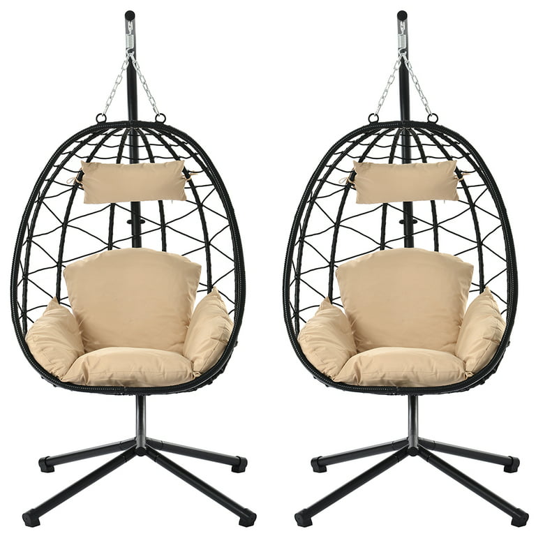 2pcs Wicker Egg Chair, Btmway Indoor Outdoor Swing Chair with Stand and Removable Cushion, All-Weather Rattan Hanging Basket Chair Hammock Chair for