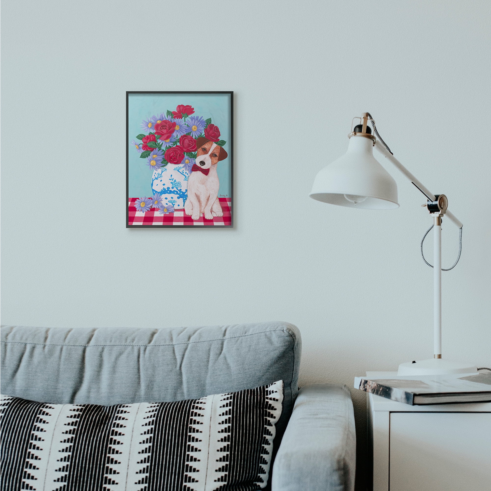 Stupell Industries Flower Vase With Dog Red Blue Animal Pet Painting Black Framed Art Print Wall Art, 11x14, by Sally B