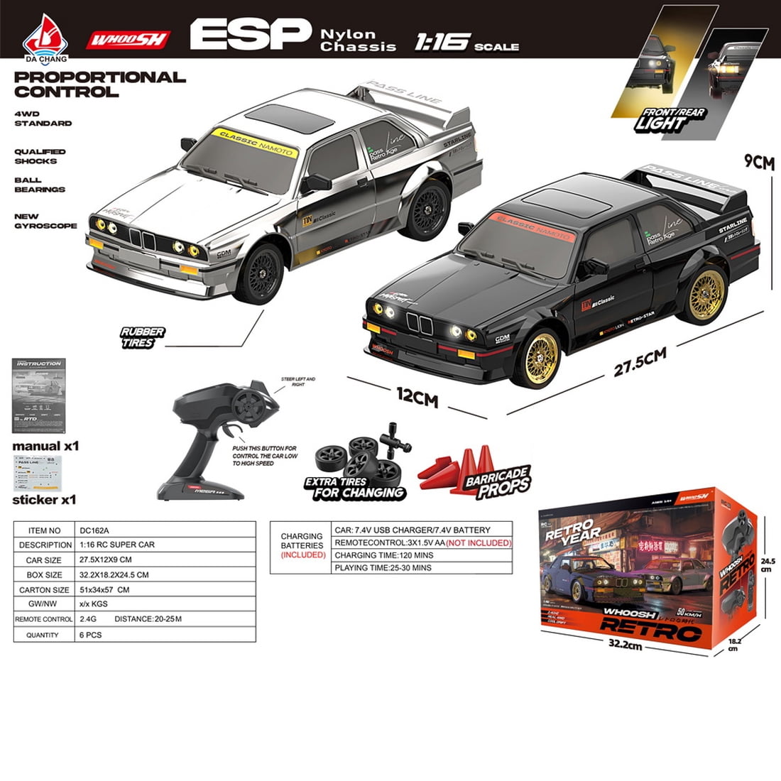 1/16 Scale 4WD RC Drift Car High Speed Racing Remote Control Vehicle With ESP Gyroscope Stabilization LED Front Rear Lights Full Proportional Driving System For Adults Hobbyists