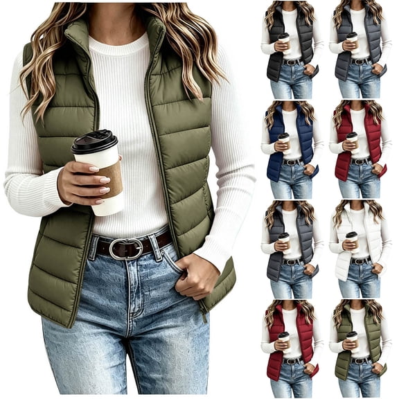 TARIENDY Quilted Vest Women Lightweight Stand Collar Sleeveless Puffer Jacket with Zip Fall Winter Casual Warm Outerwear Army Green L