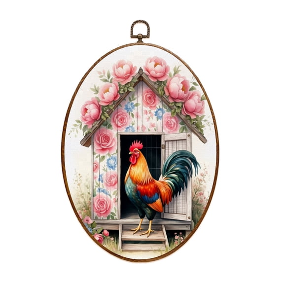 Farmhouse Canvas Wall Art Colorful Rooster Floral Garden Pink Peonies Cottage Oval Framed Canvas Prints Vintage Wall Hanging Decor for Home Decorations 8.6"x11.4"