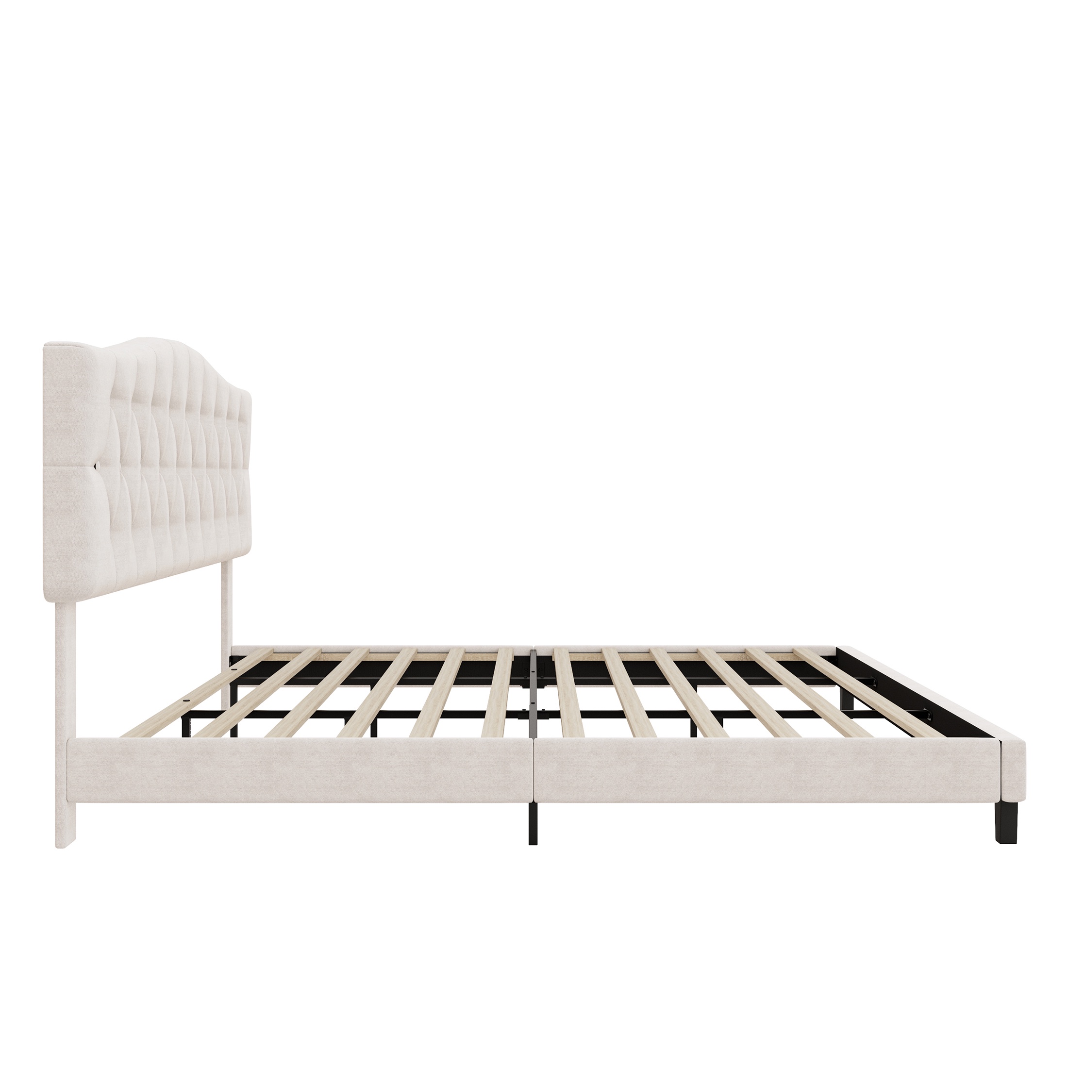PORKISS King Size Linen Bed Frame with Upholstered Button Tufted Adjustable Headboard, Platform Bed with Wooden Slats Support, Holds 800lbs, Beige