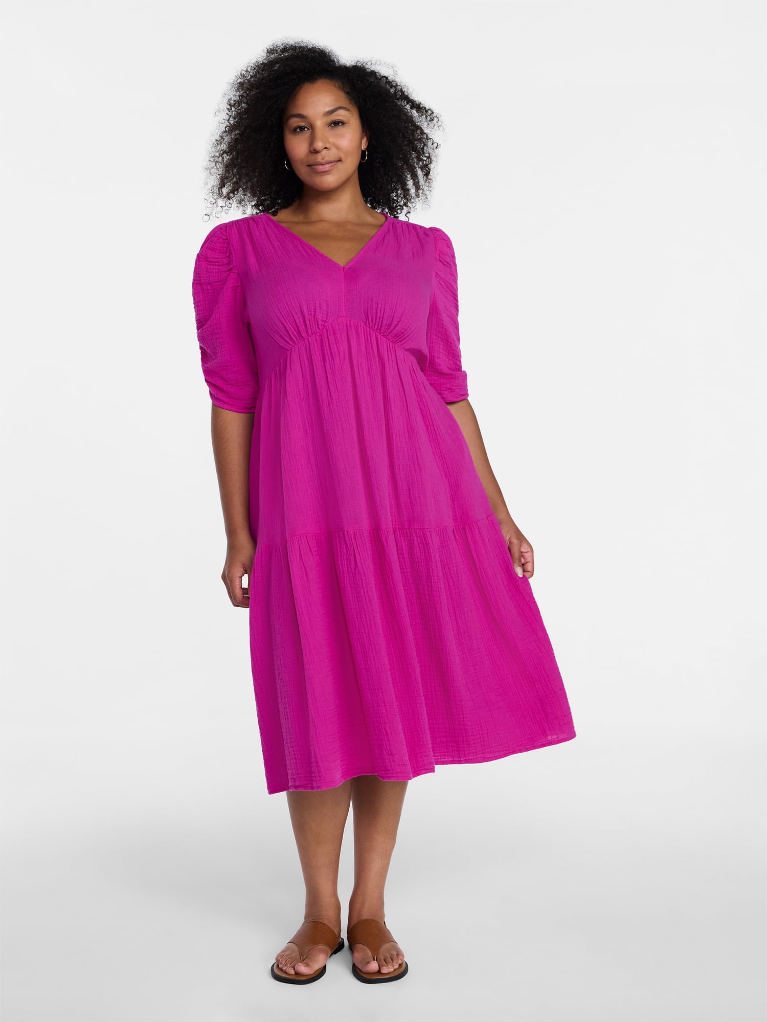 Time and Tru Women's Cotton Tiered Midi Dress with Elbow Length Sleeves, Sizes XS-XXXL