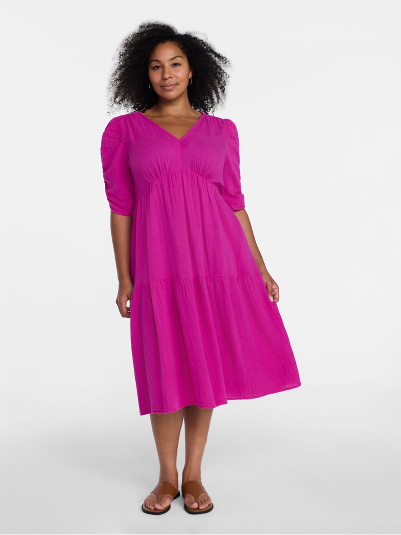 Time and Tru Women's Cotton Tiered Midi Dress with Elbow Length Sleeves, Sizes Xs-xxxl, Purple