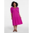 thumbnail image 2 of Time and Tru Women's Cotton Tiered Midi Dress with Elbow Length Sleeves, Sizes XS-XXXL, 2 of 5