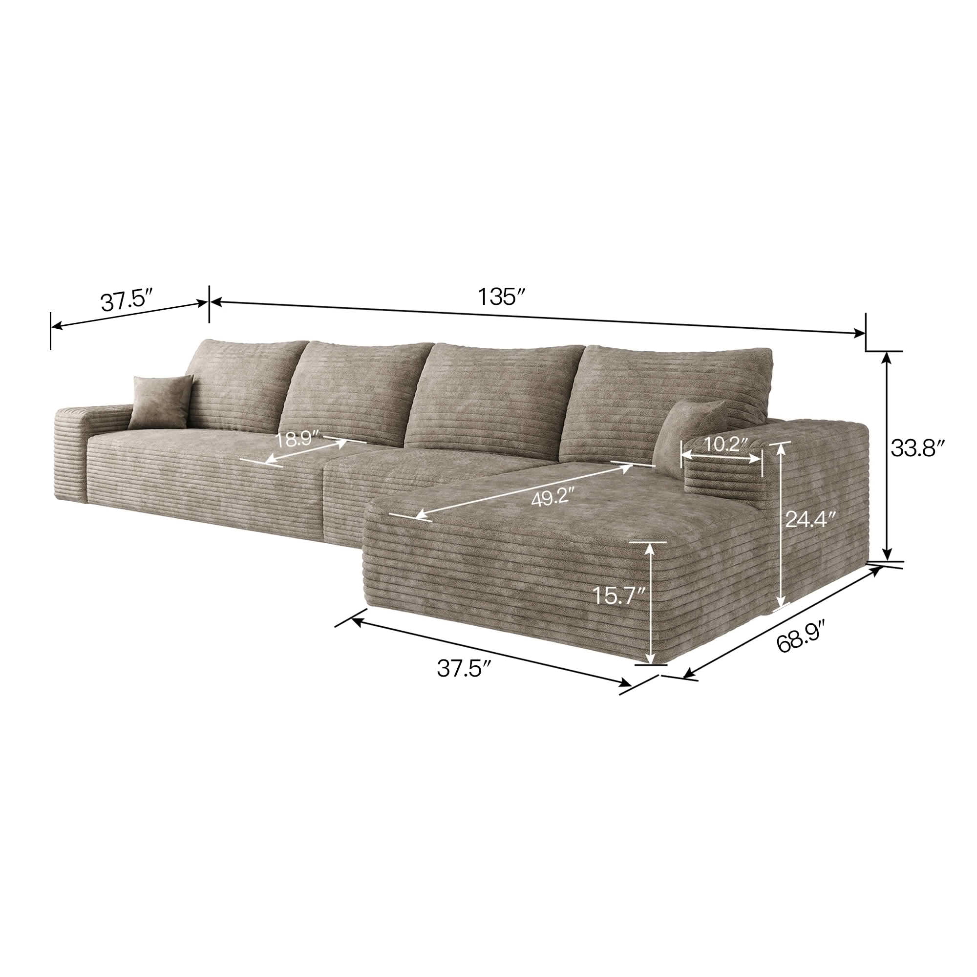 MAYEERTY 135 Inch L‑Shaped Cloud Sectional Couch, Modern Modular Deep‑Seat Corner Sofa with Reversible Chaise, Plush Corduroy Upholstered Sofa, No‑Assembly Required for Living Room Bedroom Apartment