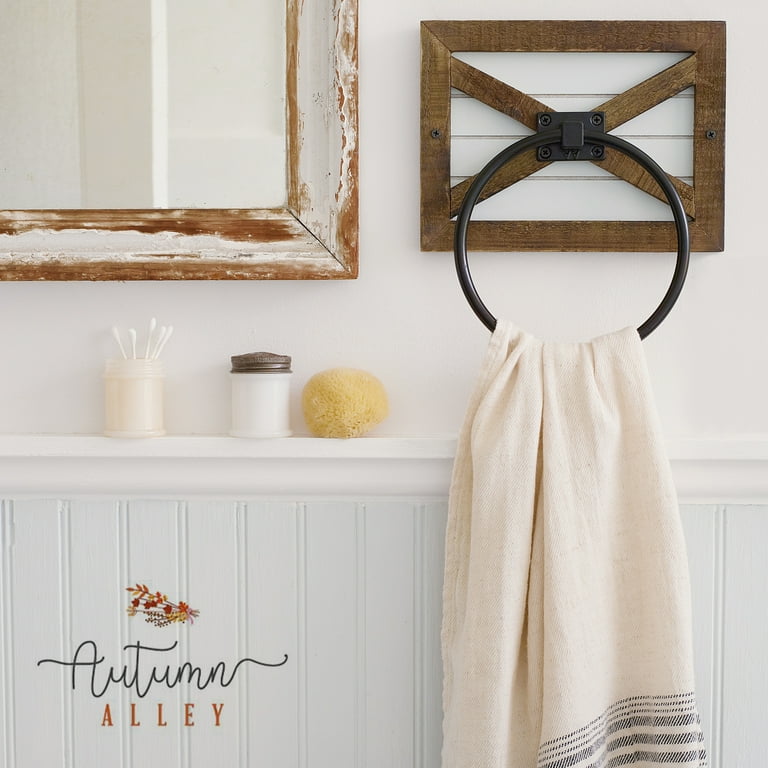 Autumn Alley Farmhouse Decor Hand Towel Ring for Bathroom Rustic Towel Holder Rack Wall Mounted Mix of Wood Unique Shiplap Black Ring