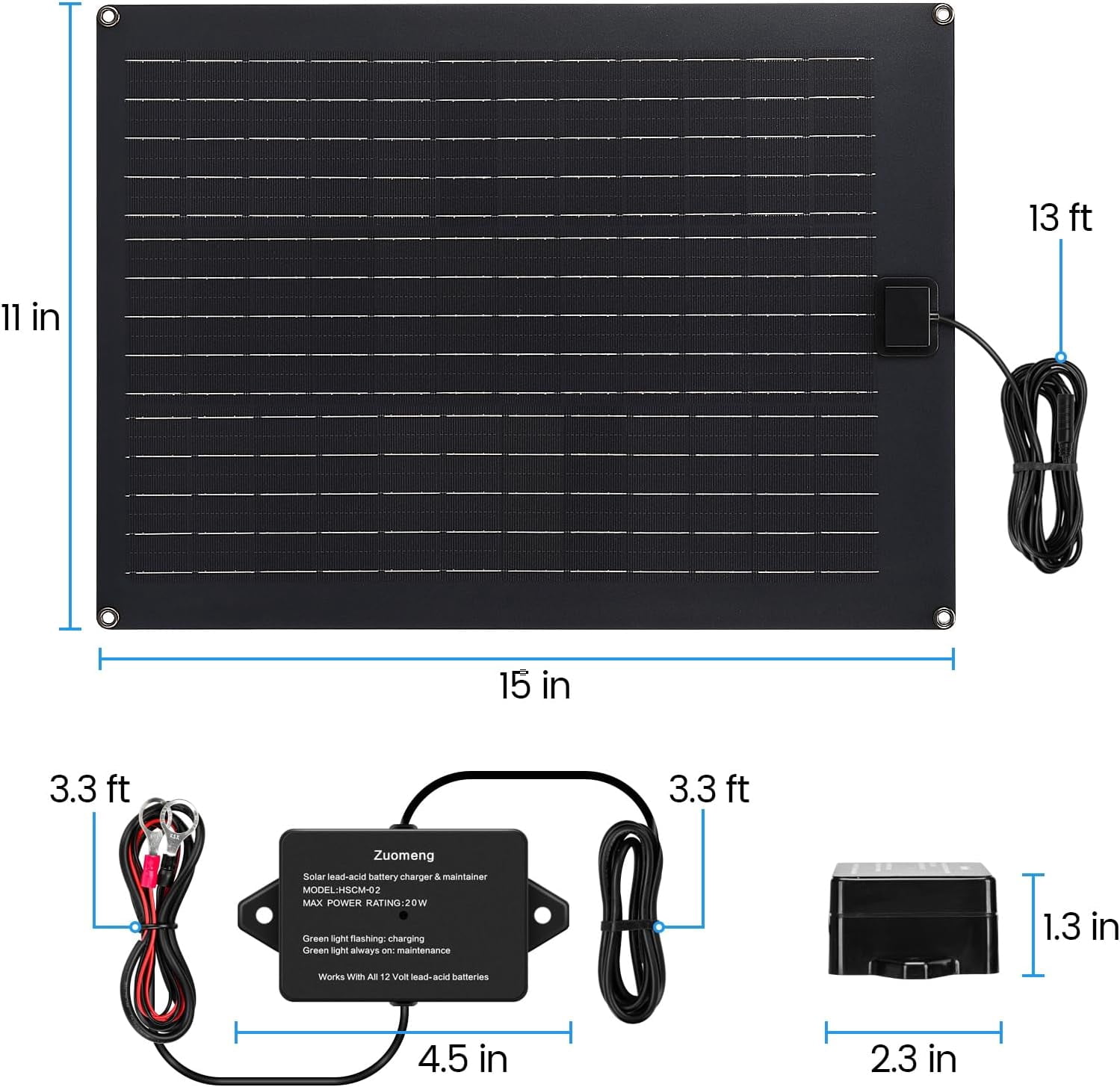Solar Battery Charger Maintainer, Zuomeng 20W Solar Panel Kit for Dump Trailer Built-in Maintenance Pulse & Intelligent MPPT Charge Controller, Waterproof, Suitable for 12V Lead-Acid Battery