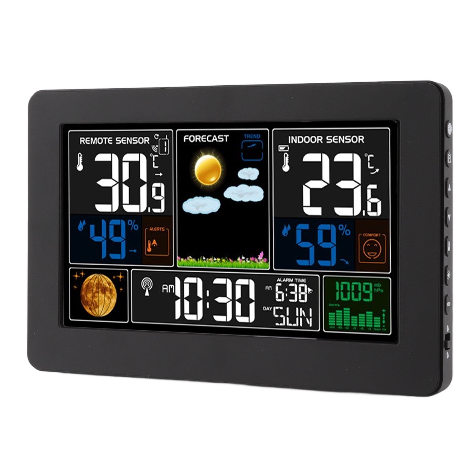 Nieyigj Multifunctional Weather Station Clock Large Color Display For Indoor Outdoor Temperature Humidity Air Pressure US Plug 100-240V Black Edition